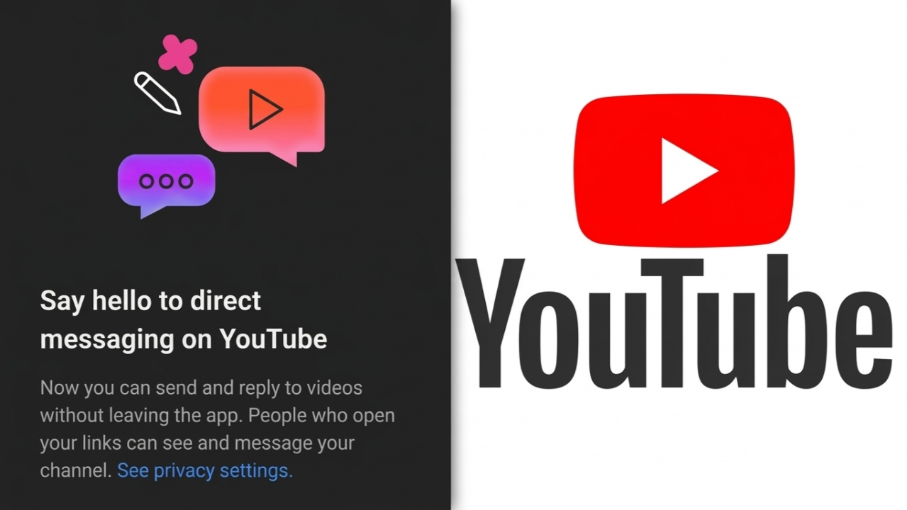 Left panel explains YouTube direct messaging with chat icons; right shows the YouTube logo with its red play button.