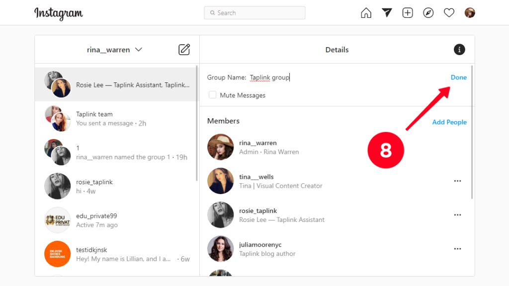 Instagram group management screen showing the Details panel: group name'Taplink group', a Members list with profile pictures and names, and a Done button highlighted on the right side of the header.