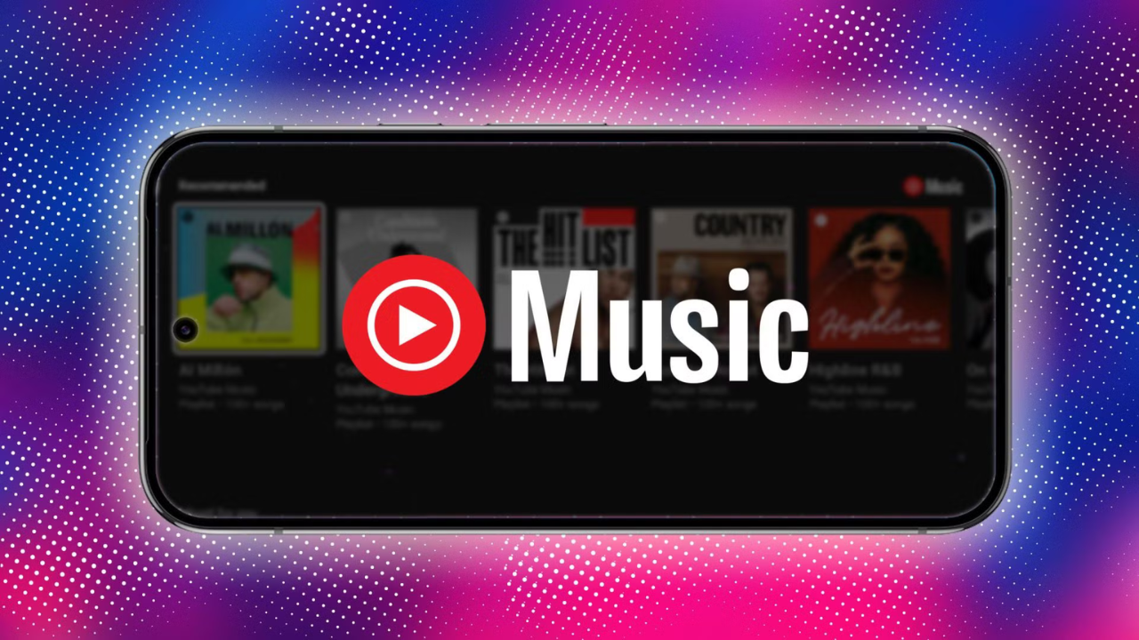 Smartphone showing a music app banner with a red circular play button and the word'Music' on a dark background.
