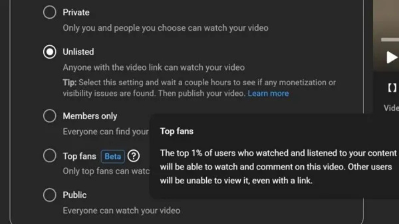 Screenshot of video privacy settings showing options: Private, Unlisted, Members only, Top fans (Beta), Public; tooltip explains Top Fans access.