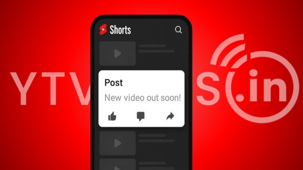 Smartphone screen showing a YouTube Shorts feed with a white card that says'Post New video out soon!' and like, comment, share icons on a red background.