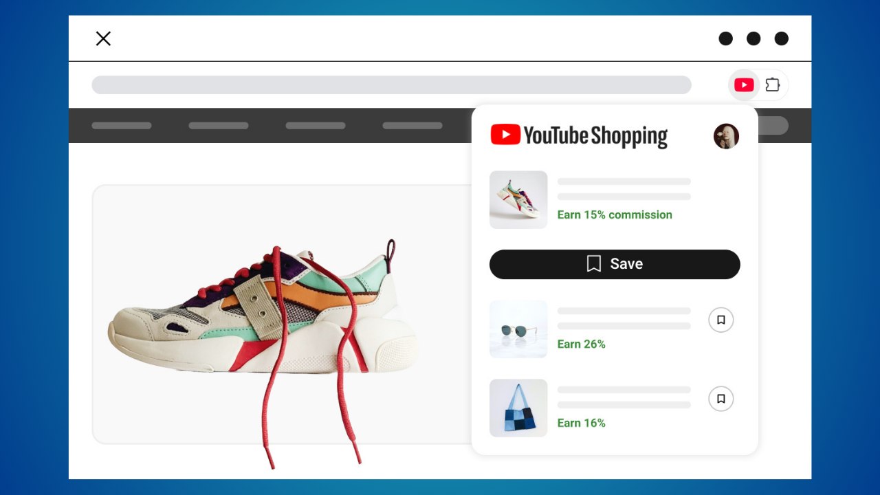 Product page with a colorful sneaker and a YouTube Shopping panel showing a Save button. a large image on the left and a rounded panel on the right.