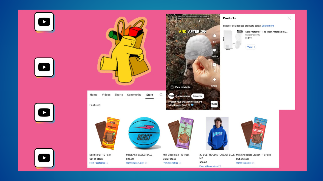 Marketing banner: pink background with vertical YouTube icons on the left, featuring product thumbnails and a store page mockup on the right.
