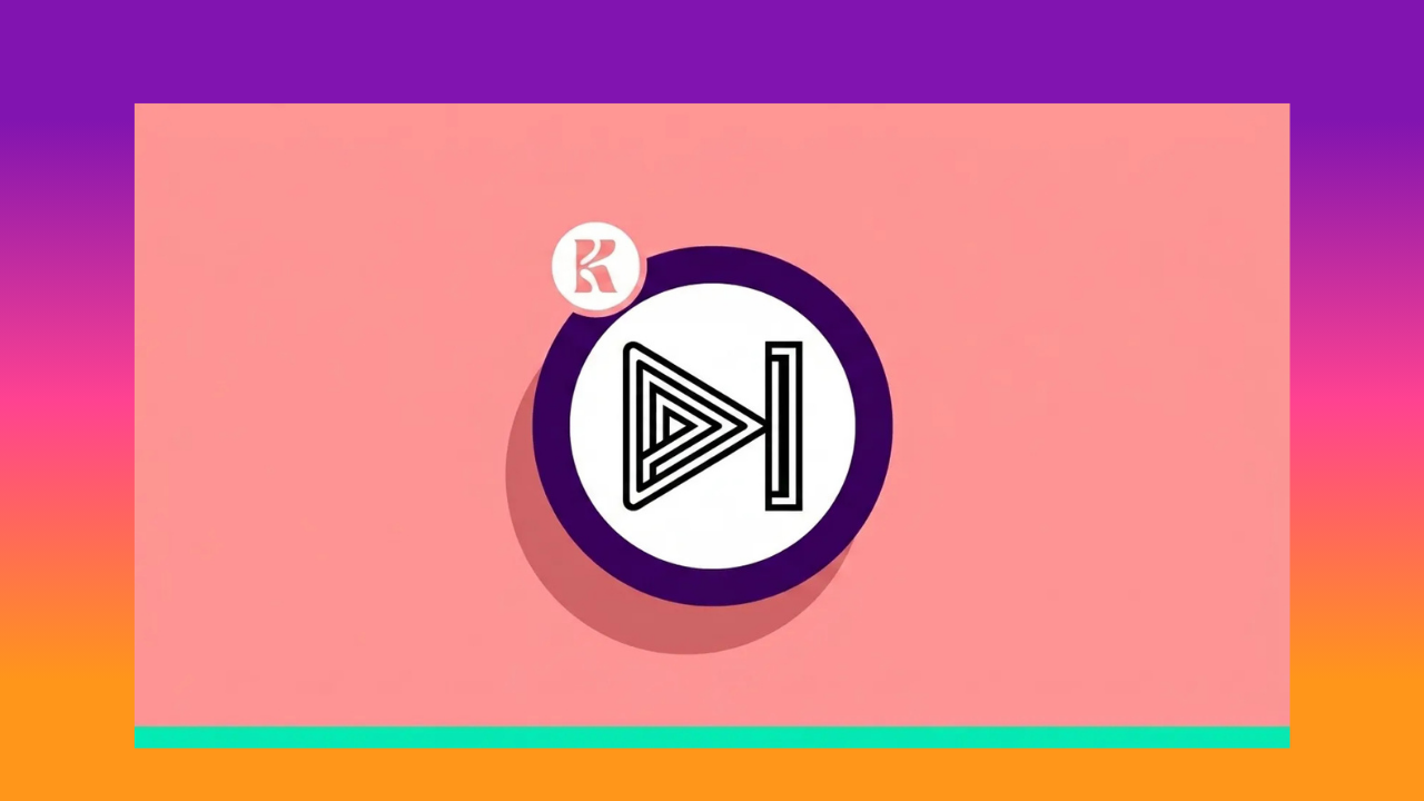 Brand logo: a geometric black play-symbol inside a white circle with a purple ring on a pink background, plus a small'K' badge near the top-left of the circle.