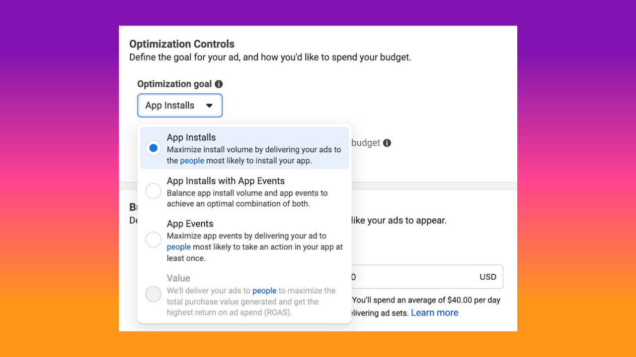 Facebook Ads Optimization Controls dialog with goal set to App Installs and a dropdown of options for optimization goals