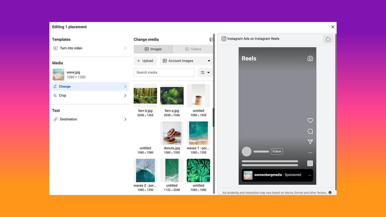 UI screen for editing one ad placement showing media library and a Reels preview on the right side.