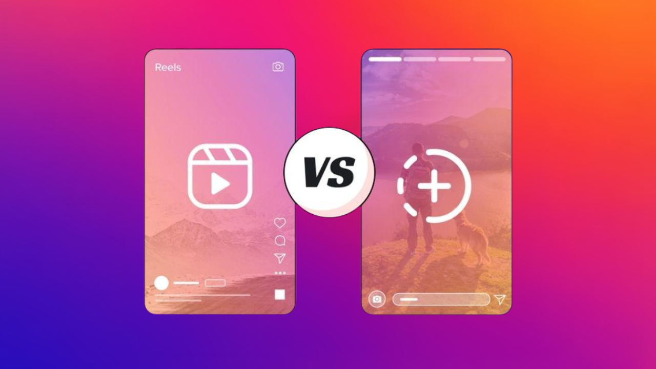 Two phones with gradient screens facing each other, a central'VS' circle between them (left labeled Reels).