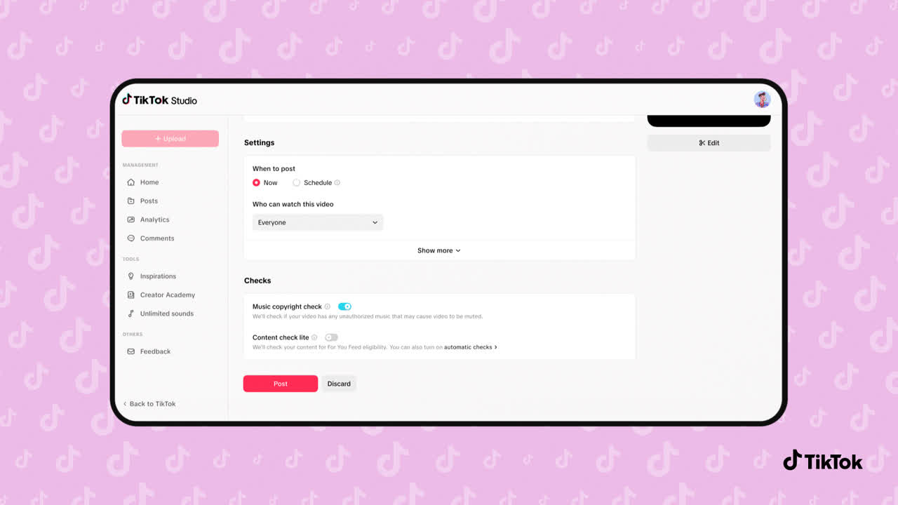 TikTok Studio settings page on a rounded monitor, left navigation menu visible, pink patterned background.