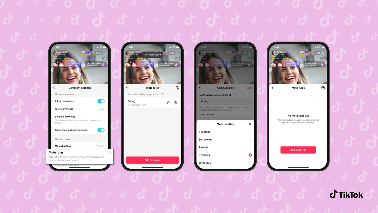 Four iPhone screens showing TikTok mute rules setup: enable comments, choose duration, and save.