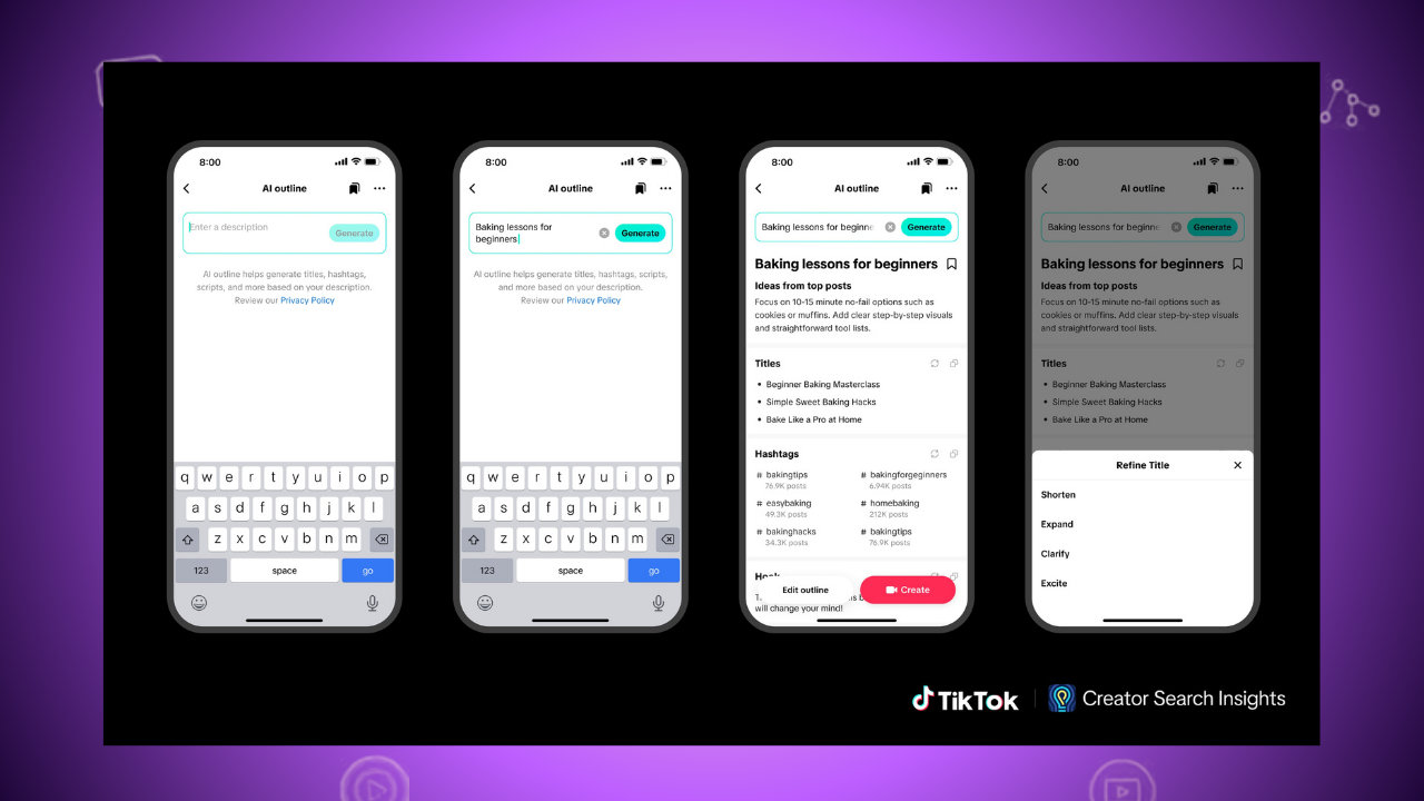 Four smartphone screens on a black background show an AI outline tool drafting a TikTok post, from description input to generated content, with Creator Search Insights logo at the bottom right.