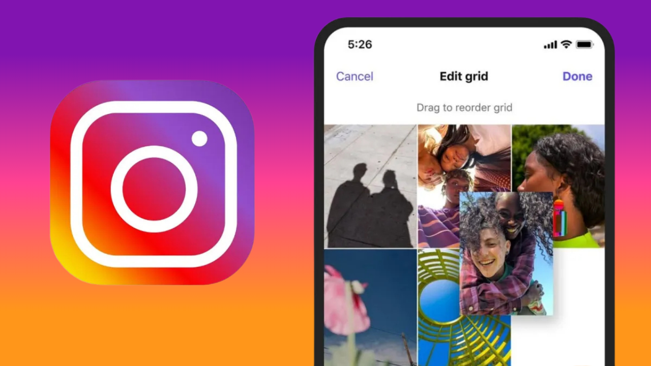 Instagram logo beside a smartphone displaying a'Edit grid' collage screen for reordering photos in a grid.