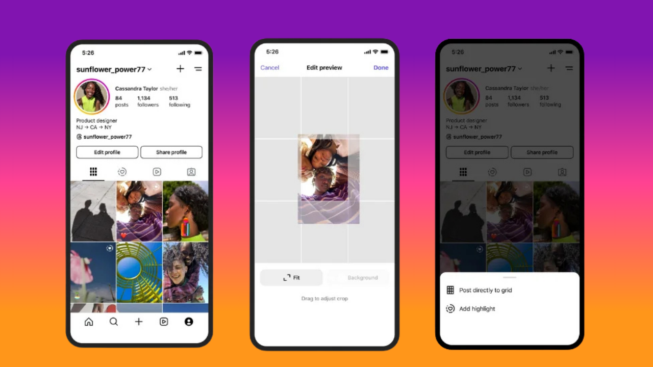 Three smartphone screens on a purple–orange gradient show an Instagram profile editing flow: profile grid, edit preview with crop, and post-to-grid options.