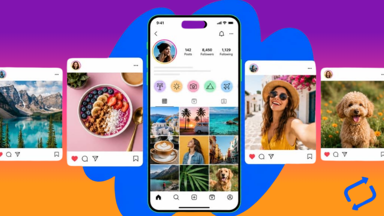 Center phone shows a photo grid; surrounding Instagram-style post cards radiate on a vibrant gradient background.
