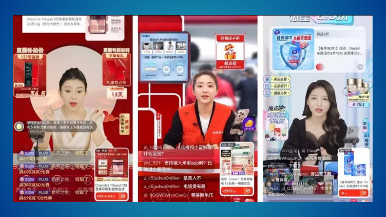 Three Chinese livestream hosts presenting products in a split-screen collage with red sale panels and product banners.