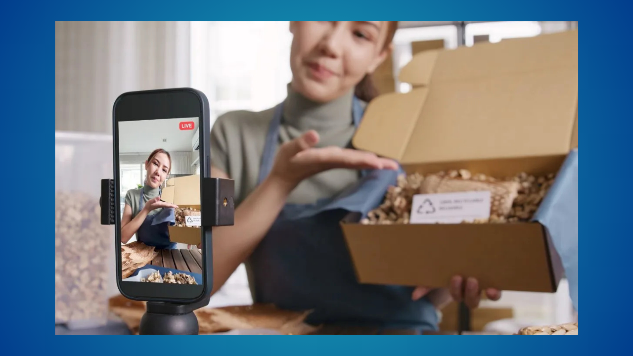 Small business owner packs a box and streams live on a smartphone mounted on a tripod.
