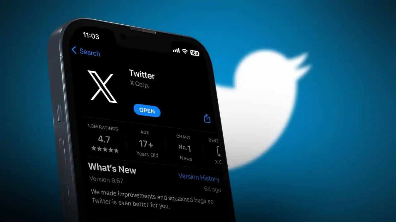 Close-up of a smartphone screen showing the Twitter app page in an app store, with an Open button and What's New section.
