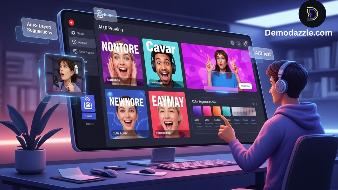 Person wearing a purple hoodie and headphones sits at a desk, editing an AI UI design dashboard on a large monitor with six colorful video thumbnails and a color palette.