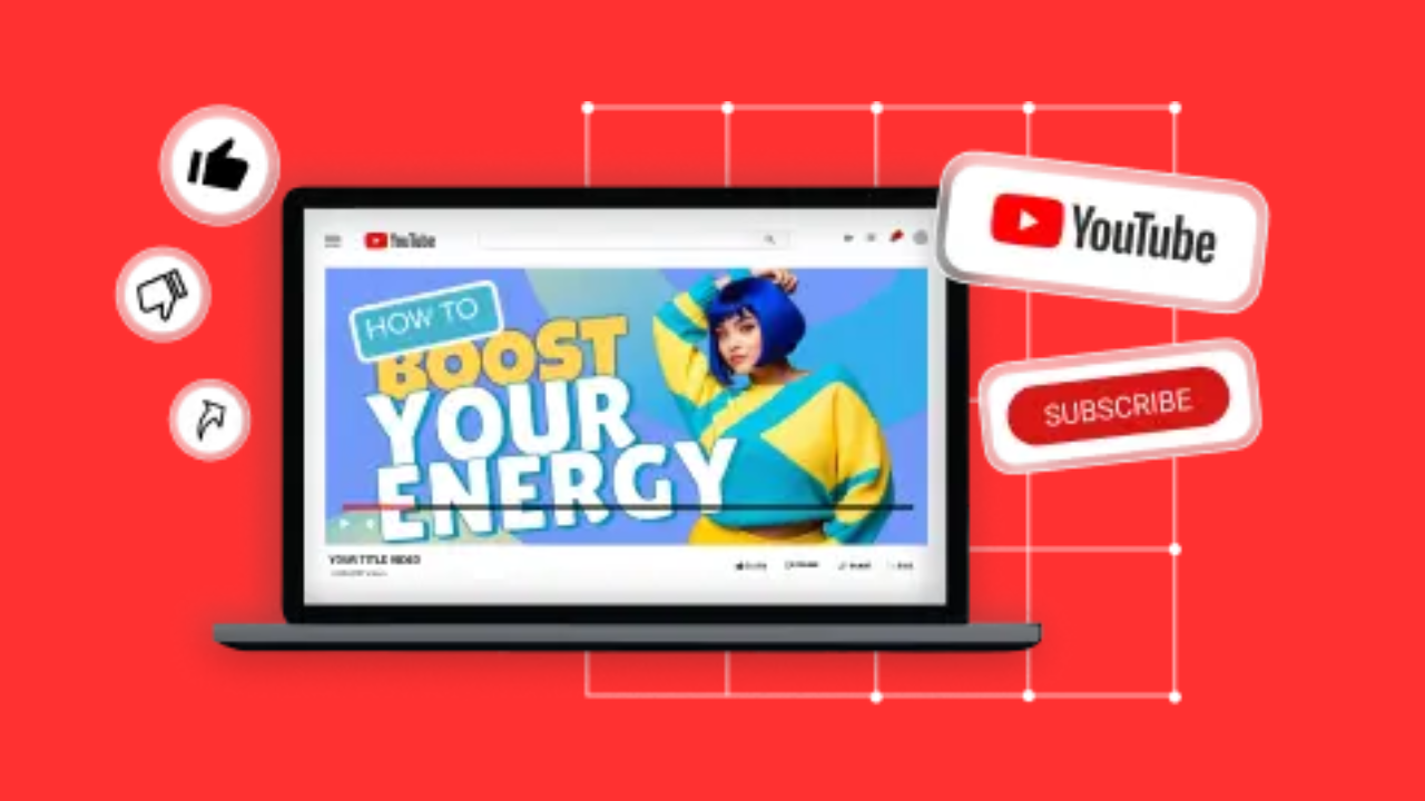 Laptop showing a YouTube video thumbnail with'Boost Your Energy' on a bright red background, plus floating like, comment, share icons and a Subscribe badge on the side.
