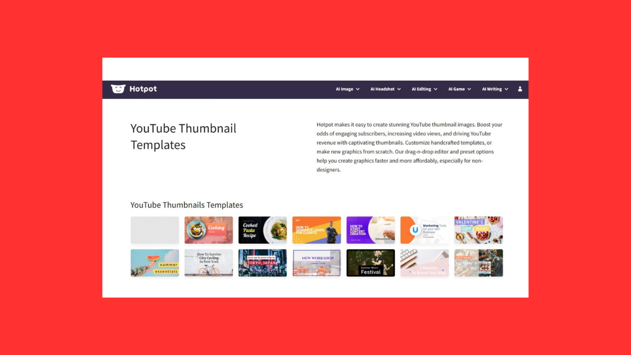 Screenshot of a webpage titled'YouTube Thumbnail Templates' from Hotpot, showing a header bar and a grid of thumbnail tiles.