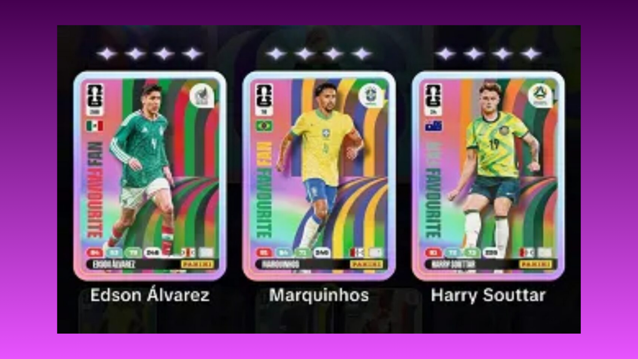 Three colorful football trading cards in a row featuring Edson Álvarez, Marquinhos, and Harry Souttar against rainbow backgrounds.