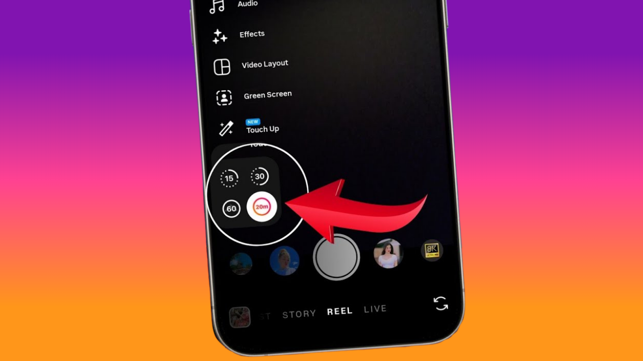Smartphone displaying Instagram Reels editing tools; timer presets of 15, 30 and 60 seconds with a circular timer and a red arrow pointing to the record button on the screen's lower area.