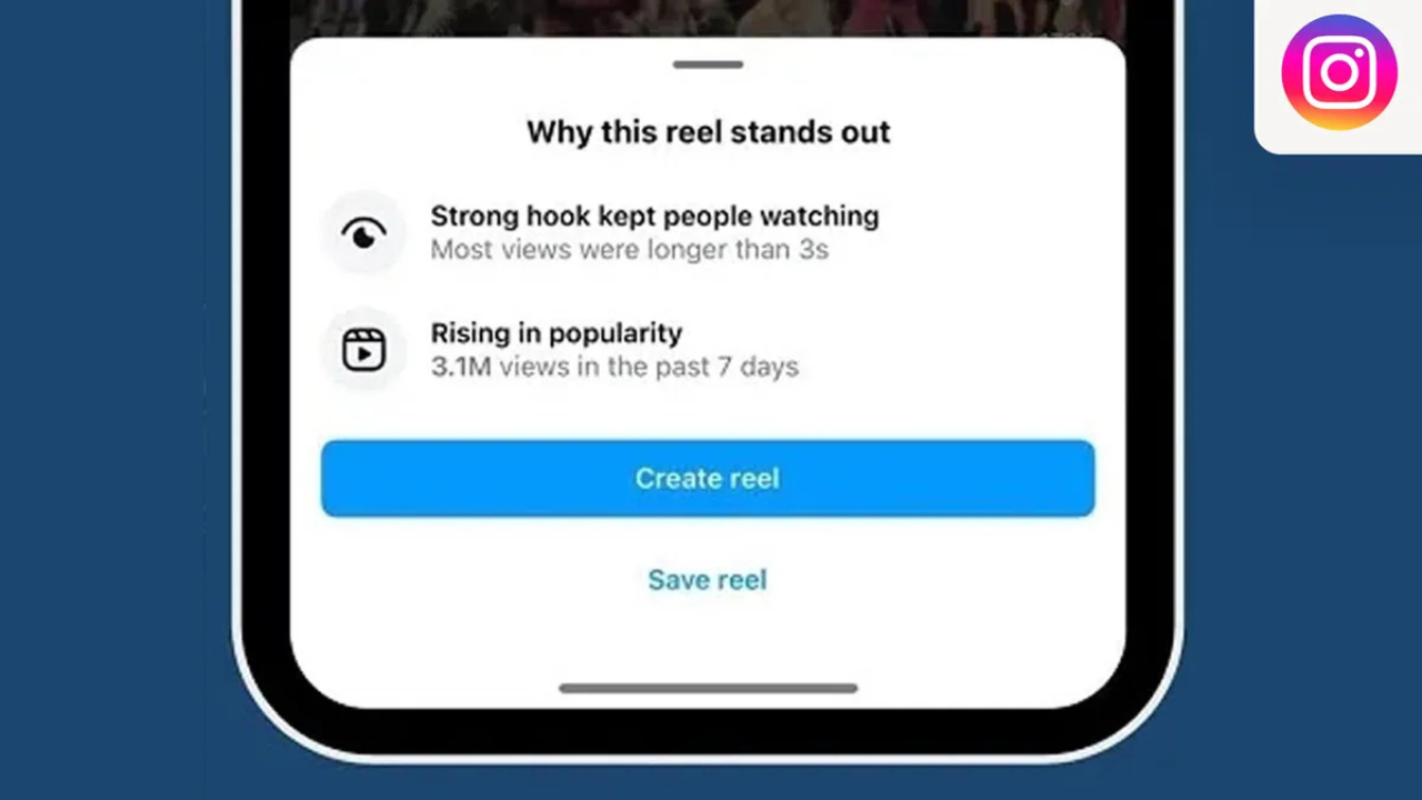 UI panel on a smartphone explaining why a reel stands out, with two bullets and actions:'Create reel' and'Save reel'