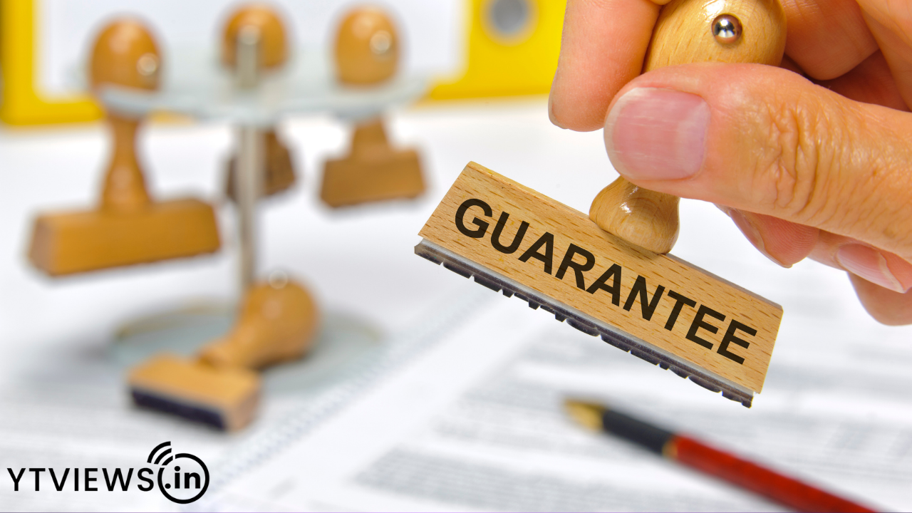 Close-up of a hand stamping the word'GUARANTEE' onto a contract, with a blurred balance scale in the background.