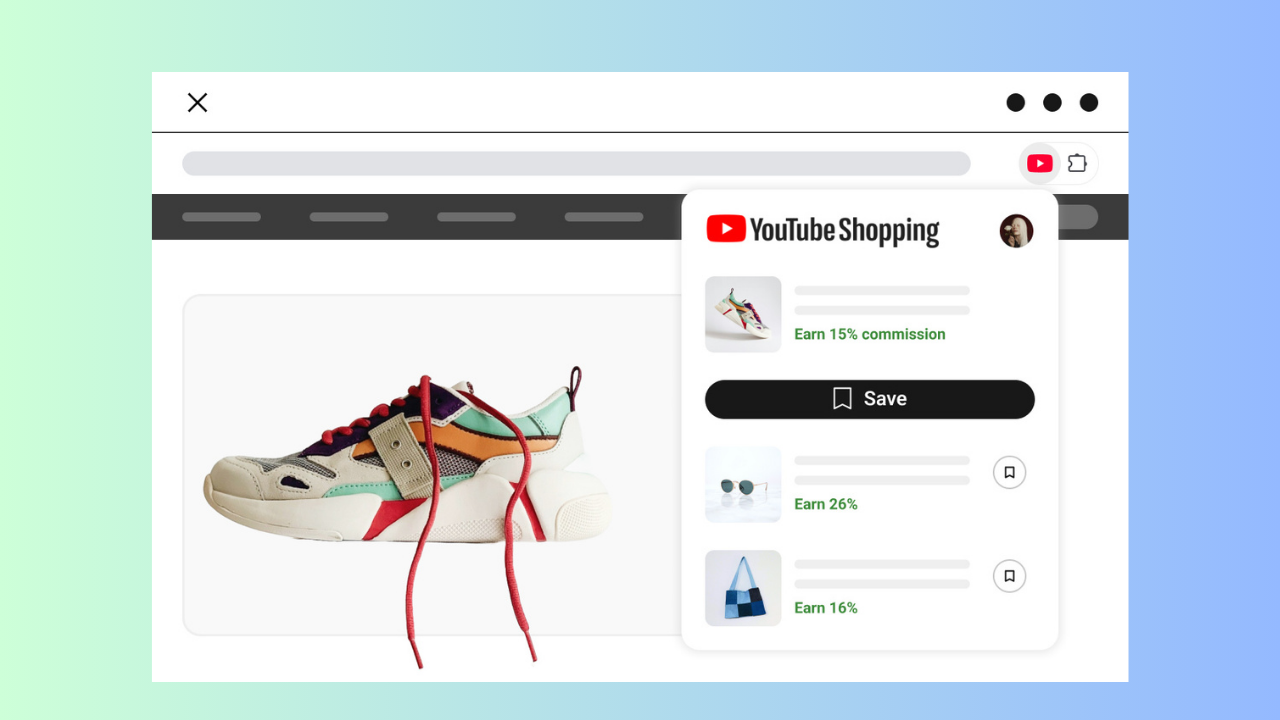 Product page showing a colorful sneaker with a YouTube Shopping panel overlay featuring commission info and a Save button