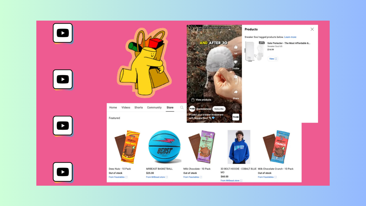 Pink banner with a vertical column of YouTube icons on the left, a cartoon yellow backpack, and a collage of product thumbnails and a website header on the right; gradient mint-to-blue background.
