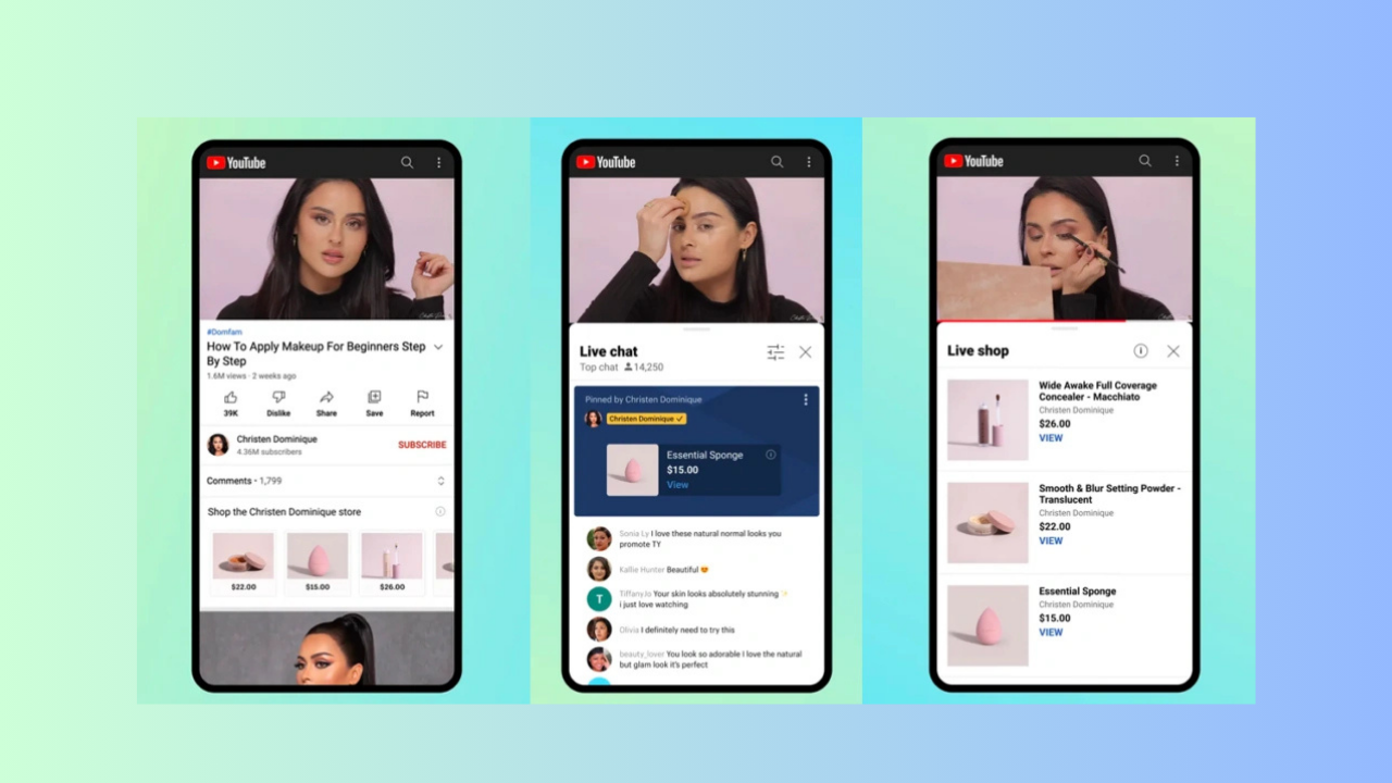 Three smartphones on a pastel gradient background display YouTube pages with makeup tutorials and a beauty shop panel nearby.