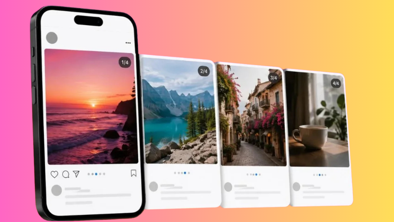 Smartphone tilted to show an Instagram-style carousel with four photos: sunset, mountains, a quaint street, and a coffee cup on a pink‑to‑orange gradient background.