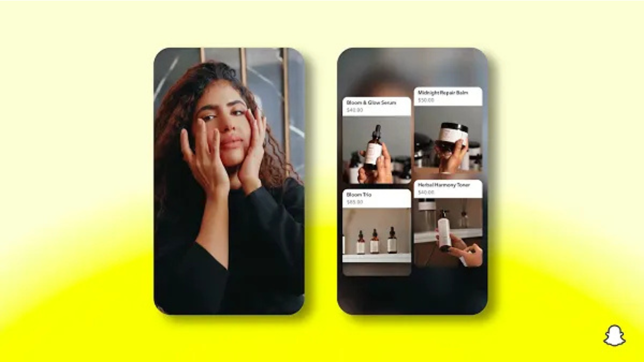 Two smartphone screens on a yellow background; left shows a woman, right displays a collage of skincare products with labels.