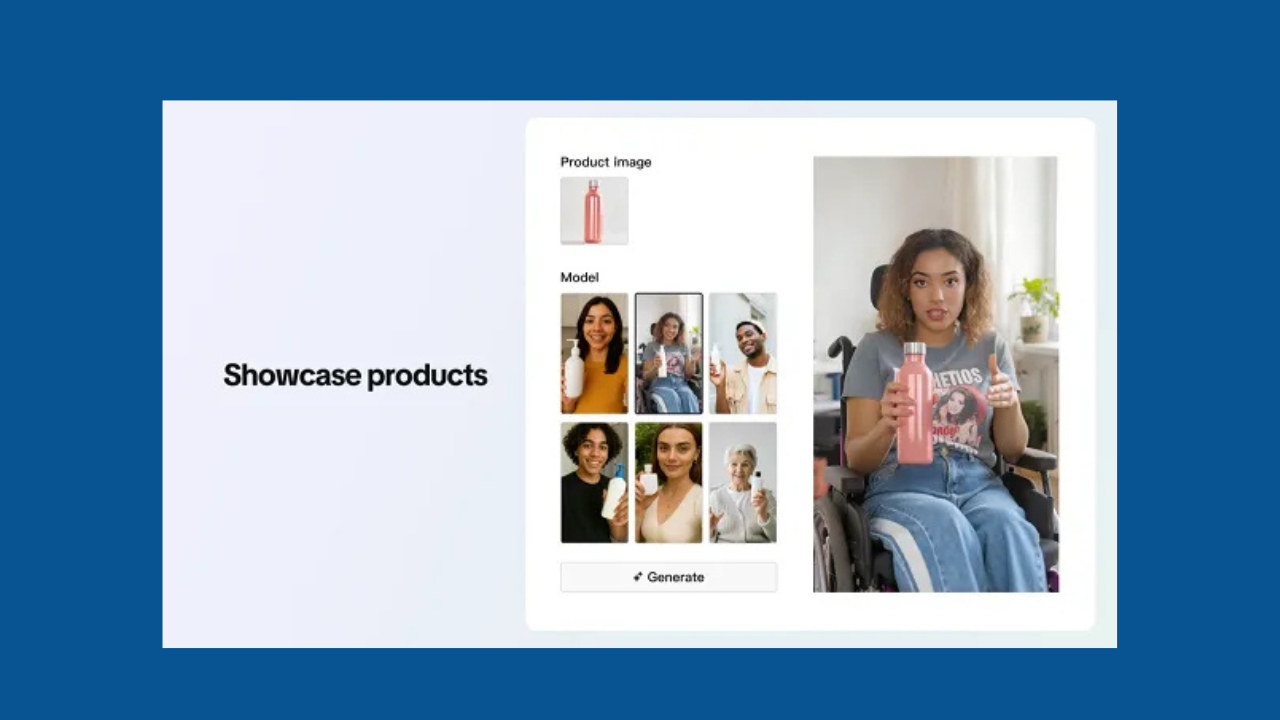 Slide showing 'Showcase products' with a grid of model photos and a woman in a wheelchair holding a pink bottle.