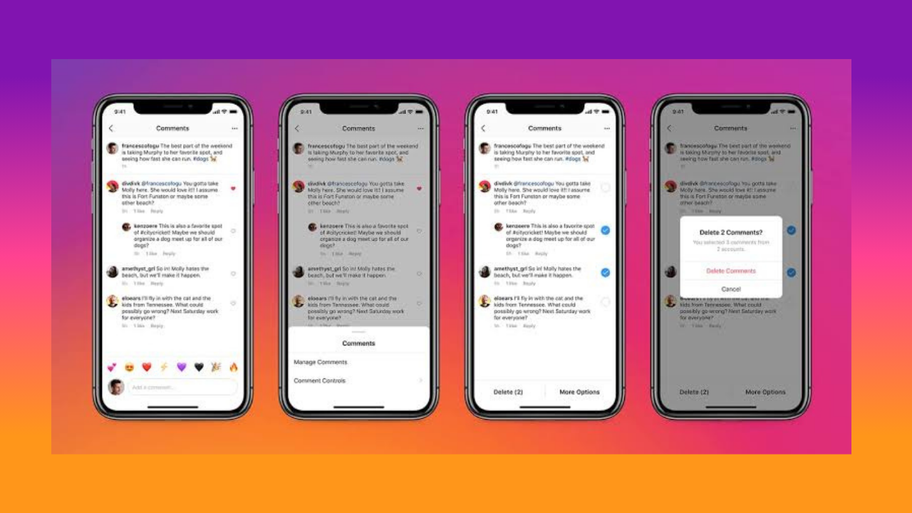 Four iPhones on a purple‑orange gradient show the Instagram delete comment flow from selecting a comment to confirming deletion.