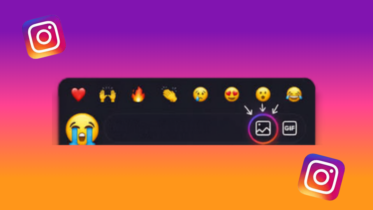 Instagram gradient background with two app logos and a dark panel showing a row of emojis and a circular image/GIF button indicating media sharing.