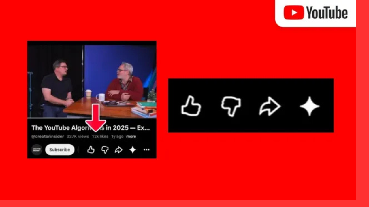 Thumbnail showing two men at a table on YouTube, with a Subscribe button and engagement icons (like, dislike, share, save) on a red background.