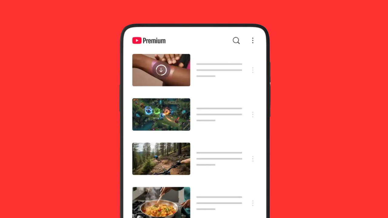 YouTube Premium app open on a smartphone showing a vertical video feed with thumbnails and accompanying text lines on a red background.