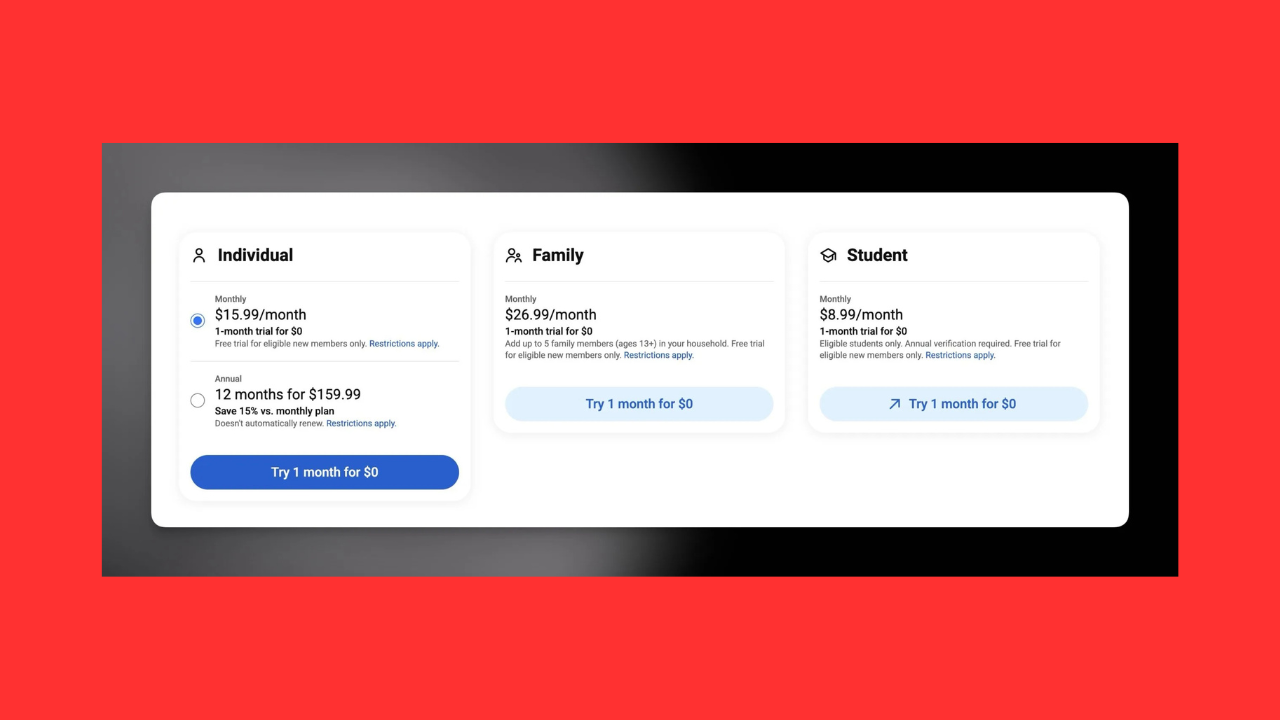 Three pricing cards (Individual, Family, Student) shown on a white panel with a dark gradient backdrop; each card lists monthly and annual plans and a blue or light-blue'Try 1 month for $0' button.