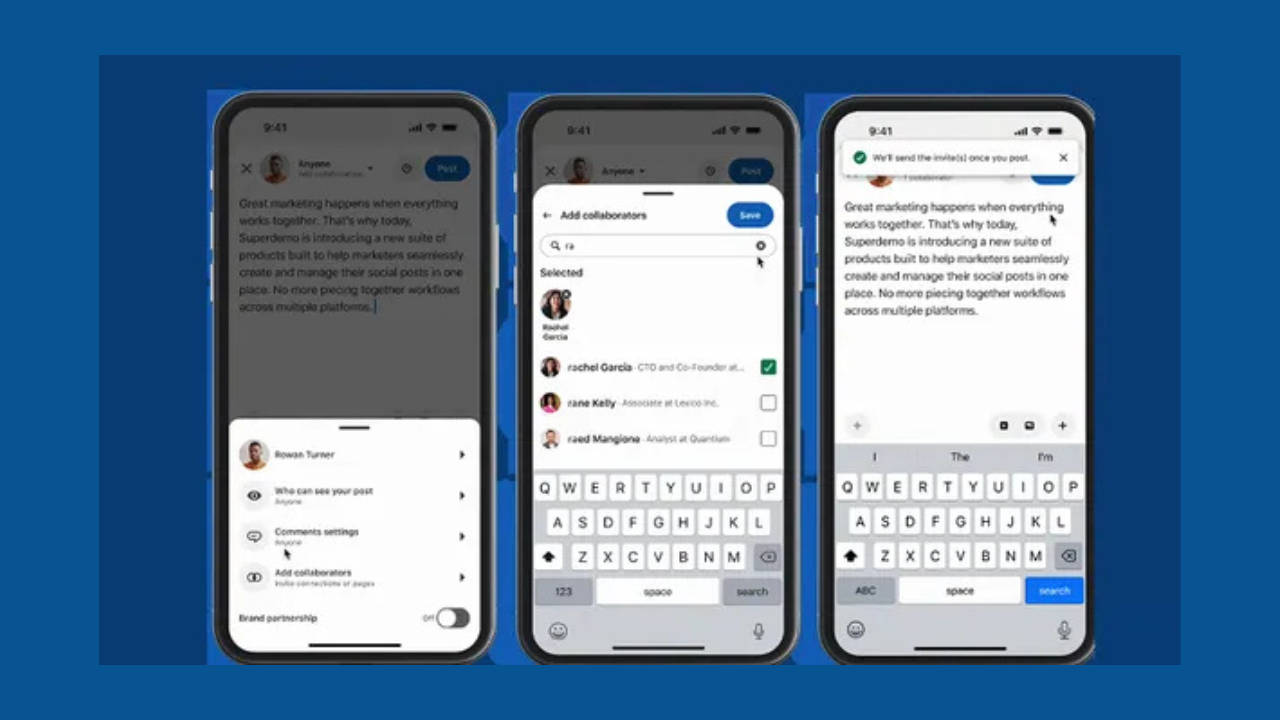 Three iPhone screens show a messaging app workflow: composing a post, adding collaborators, and reviewing the post before sending.