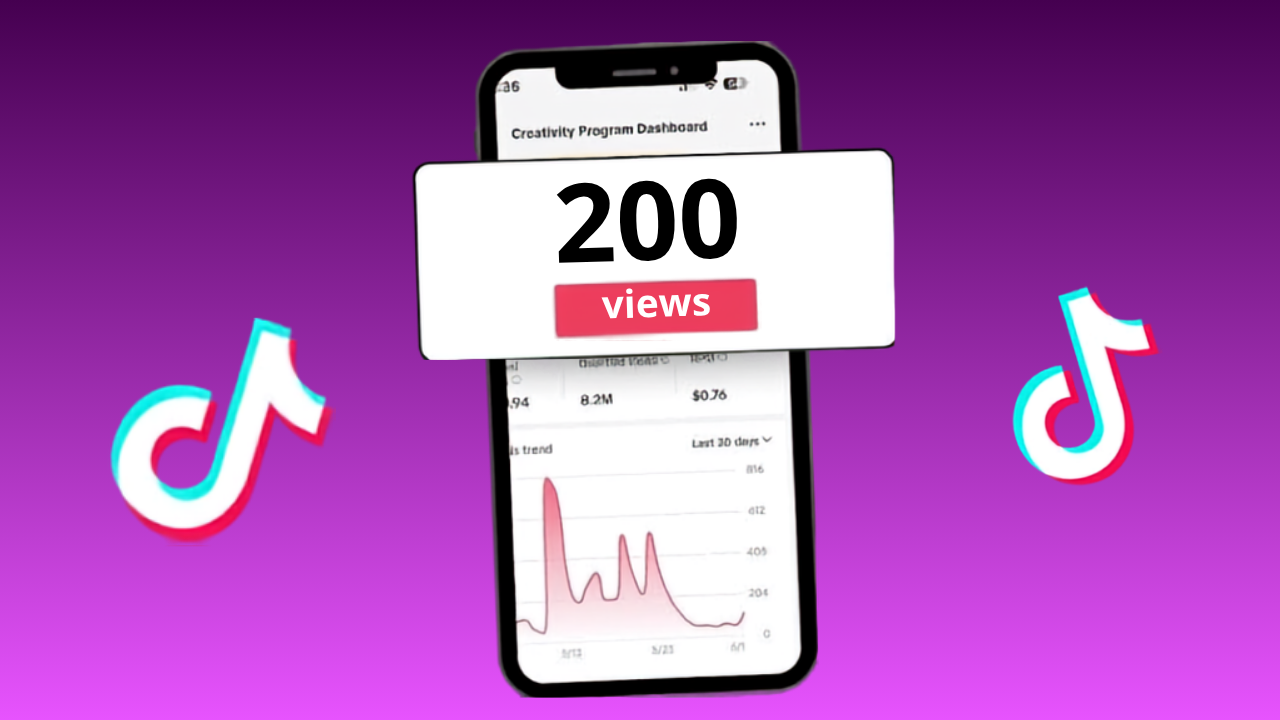 Phone screen with a white card reading'200 views' over a purple gradient background and TikTok logos on both sides.