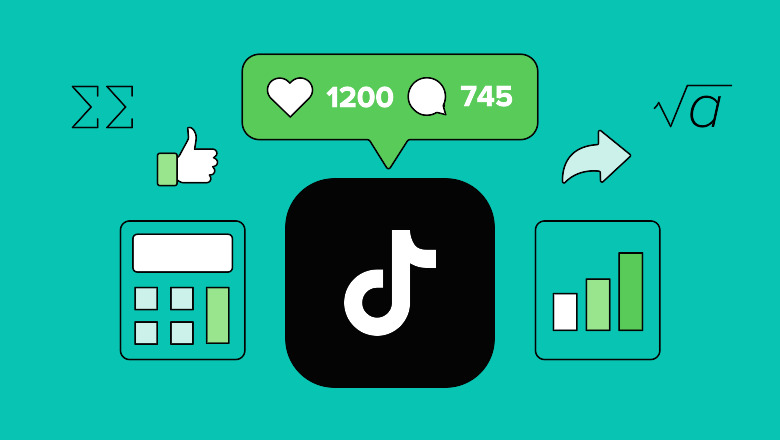 Central black TikTok-style app icon with a green speech-bubble showing 1,200 likes and 745 comments, surrounded by analytics icons on teal background.