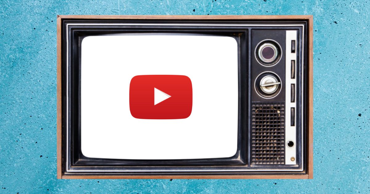 Retro wooden-frame TV displaying the YouTube play button on a white screen against a turquoise speckled background.