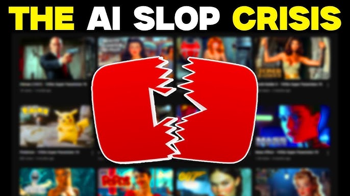 Thumbnail showing a broken red YouTube play button over a collage of AI-themed video thumbnails; title reads'THE AI SLOP CRISIS'.