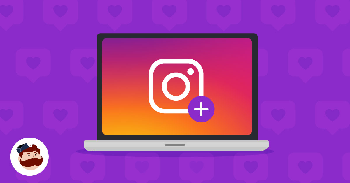 Instagram growth concept: laptop screen shows the Instagram logo with a plus badge on a purple background.