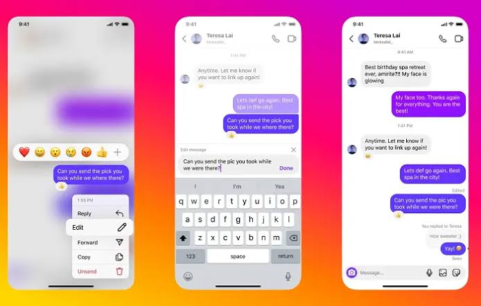 Three iPhone screens on a pink-to-orange gradient showing a chat app: left screen with emoji reactions and a context menu, middle screen with a keyboard and a draft message, right screen with a Teresa Lai conversation.