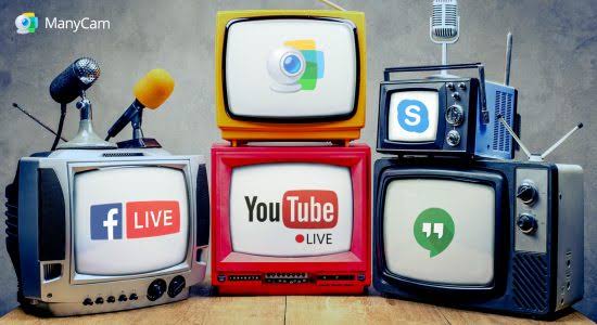 A stack of retro TVs with live-stream logos: Facebook Live, YouTube Live, Skype, and Google Hangouts, plus mics for broadcasting.