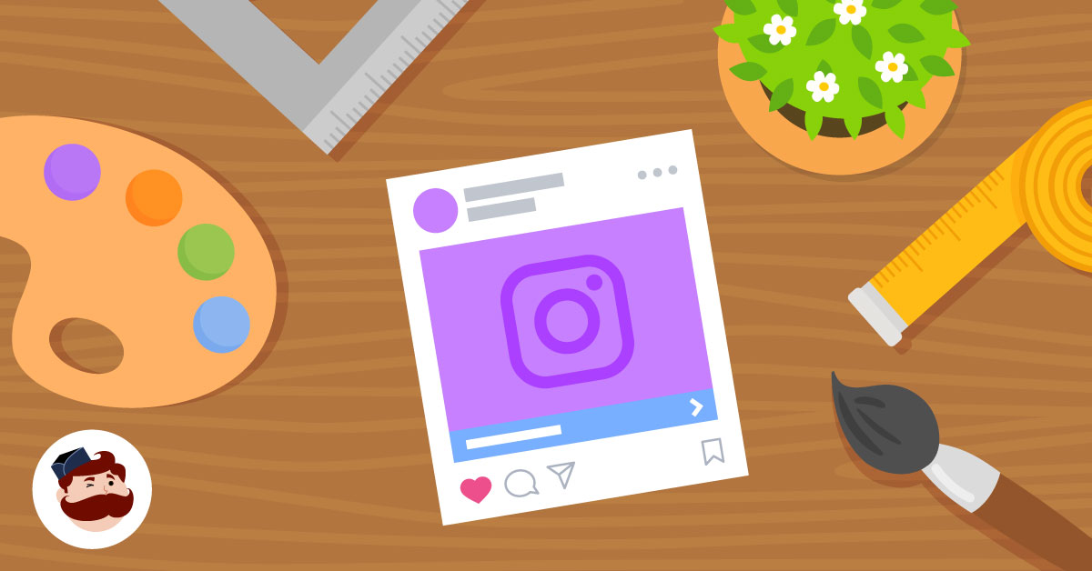 Desk with art supplies and a mock Instagram post on paper (palette, ruler, tape measure, brush, plant)./Flat illustration of an Instagram post on a desk surrounded by art tools and plant. /Creative workspace showing an Instagram post layout amid palette, ruler, brush, plant and tape measure.