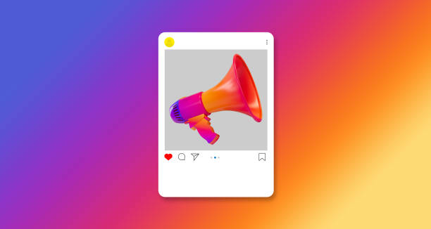 Social media post showing a bright, multicolored megaphone on a gray image card against a gradient background.